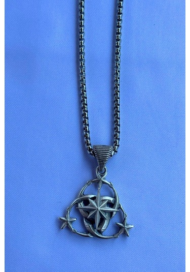 Pusula Ay Yıldız El İşçiliği Paslanmaz Çelik Zincir Erkek Kolye Gümüş