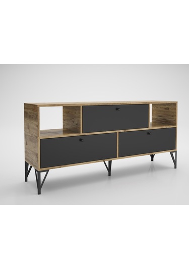 Wood'n Love Mia 160 Cm Metal Ayaklı Tv Ünitesi - Konsol - Atlantik Çam - Siyah / Siyah