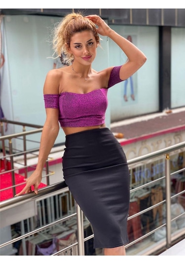 Pink Life Siyah Etek-fuşya Simli Büstiyer İkili Takım Fuşya