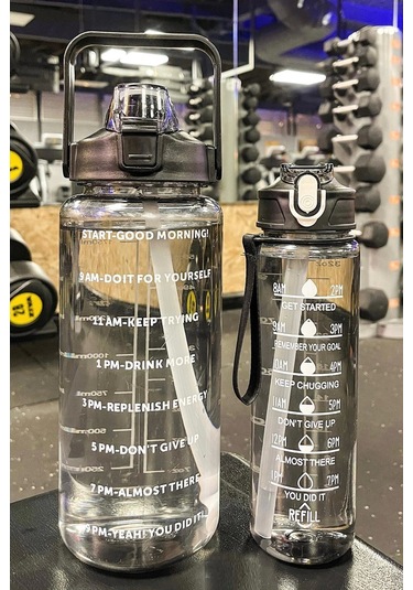 3'lü Şeffaf Motivasyonel Su Matarası Su Şişesi Taşınabilir Matara Stickerlı Suluk Seti Çok Renkli