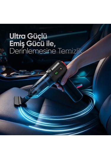 Laiser Mini, Katlanabilir Led Ekranlı 17.000 Pa 3ın1 Çekme-vakum-üfleme Özellikli Şarjlı Araç Süpürgesi Siyah