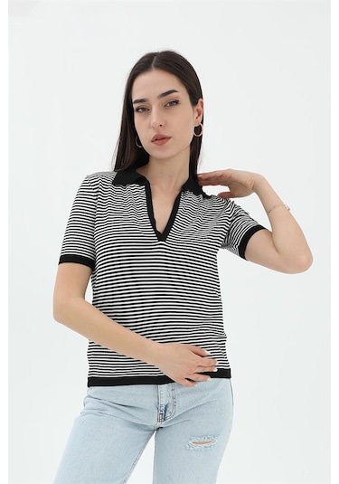İnce Çizgili Polo Yaka Triko Kazak - Siyah - Kadın