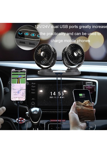 F623u 12v/24v Araç Elektrikli Salınımlı Kafa Dönebilen Çift Kafalı Fan Deluxe