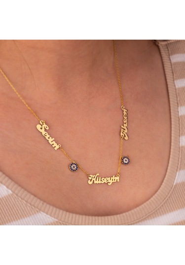 Işıklı Kutuda Kişiye Özel Nazarlı Üç İsimli Gümüş Kolye Gold