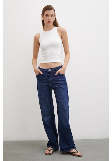 Yüksel Bel Wide Leg Jean Lacivert Lacivert