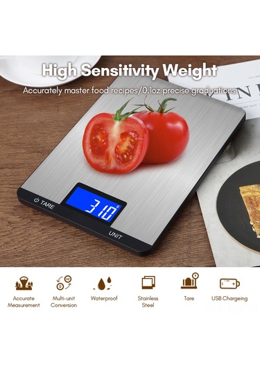 Dijital Mutfak Tartısı 10kg/22lb Şarjlı Dijital Mutfak Tartısı Lcd Ekran Dokunmatik Butonlar 7 Birim Seçeneği 3g/0.1oz Hassas Ölçüm Paslanmaz Çelik Dijital Tartı Pişirme İçin Siyah