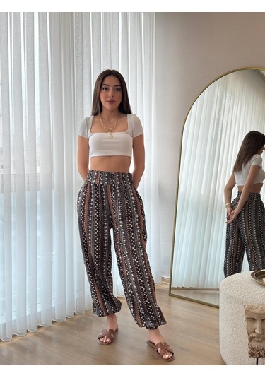 Sensuelle Kadın Yüksek Bel Etnik Desenli Geniş Dökümlü Bürümcük Pantolon Çok Renkli