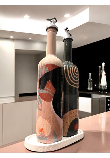 El Yapımı Dekoratif Minimalist Afro Kadın Ve Geometrik Desenli Yağdanlık Seti, Sosluk, Sirkelik, Mut Füme