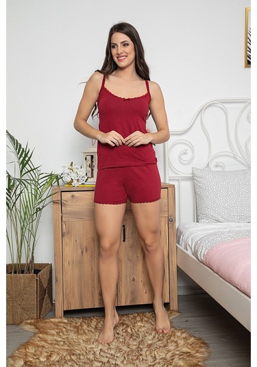 Kadın Bordo Renkli Büstiyerli Dantel Detaylı Şortlu Pijama Takımı 20010 Bordo