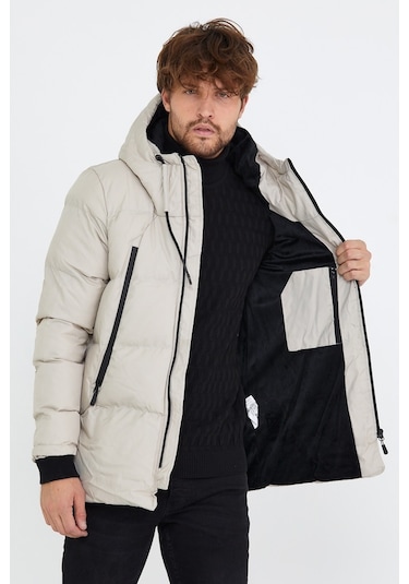 Erkek Taş Dar Kesim Kapüşonlu Dik Yaka Şişme Mont & Kaban-Taş