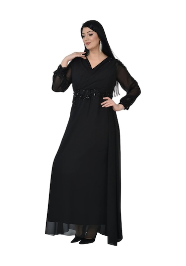 Lilas Xxl Kadın Büyük Beden Uzun Şifon Abiye Elbise 9573 Siyah