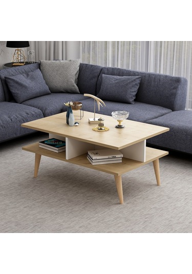 Dekorosso Poloo Ahşap Ayaklı Modern Orta Sehpa 90Cm Beyaz-Safir