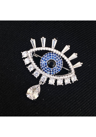 Broş Kadın Zirkon Taşlı Nazar Göz Broş Gözyaşı Yaka İğnesi Silver