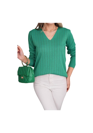 Kadın V Yaka Simli Kazak 12809 Bgl-st04106 Yeşil