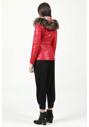 Dericlub Yb-2096 Kapşonlu Gerçek Deri Kadın Kaban Kırmızı