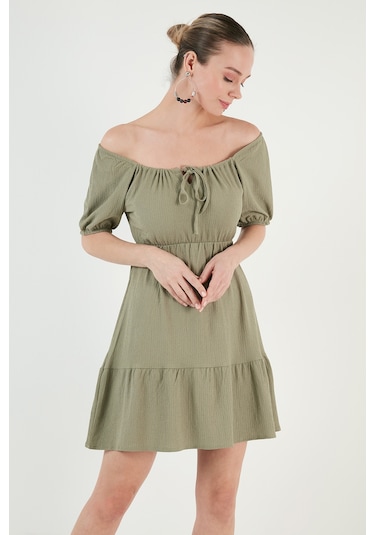 Lela Önü Büzgülü Balon Kollu Mini Bayan Elbise 5869005 Olive