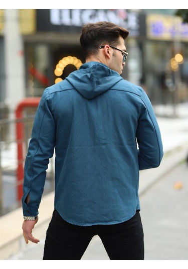 Petrol Renk Kapüşonlu Kot Ceket-1449 Petrol