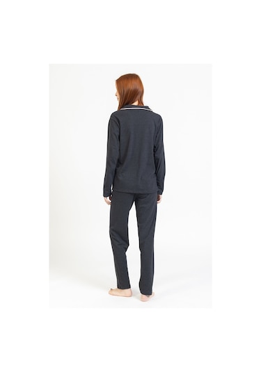 Tampap Gömlek Yaka Düğmeli Kadın Pijama Takımı 3010 Füme