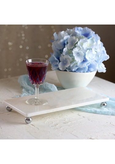 Akayev Mermer Beyaz 30X15 CM Gümüş Boncuk Ayaklı Sunum Tabağı