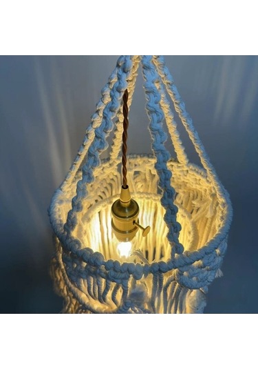 Maoyaya El Dokuması Etnik Püsküllü Abajur - Şık Ve Otantik Tarz Beyaz