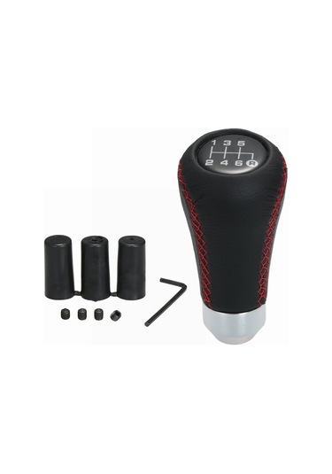 Siyah Araba Manüel Vites Topuzu Shifter Siyah Deri Kırmızı Dikiş 6 Hız Evrensel