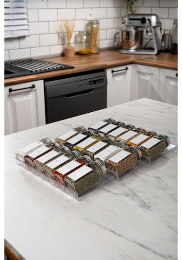 18'li Şeffaf Pleksi Standlı Cam Baharatlık Seti Kapaklı Beyaz Etiketli Baharatlık Takımı Mh02slvr18 Beyaz - Şeffaf