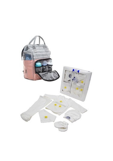 Pembe Bebek Bakım Çantası Ve 5 Parça Hastane Çıkışı İkili Set Pembe - Sarı