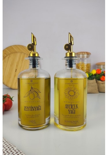 Digithome Lombardino 2'li Zeytinyağı Ve Sıvıyağ Şişesi Otomatik Kapaklı Gold Etiketli Yağdanlık 500 Ml