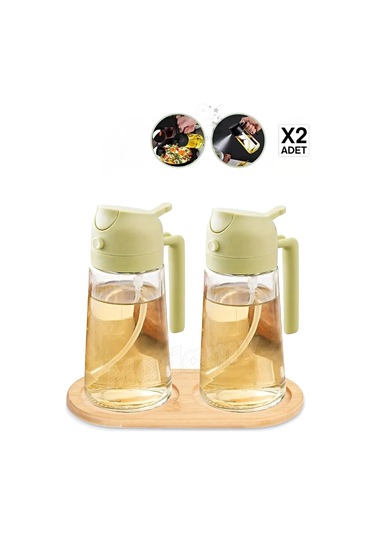 2'li Bambu Stantlı Çift Fonksiyonlu Cam Yağdanlık 450ml Sprey Dökme Sıvıyağ Şişesi Airfryer Yağlık Yeşil