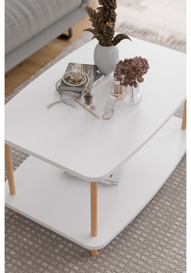 Orta Sehpa Ahşap Ayaklı Sehpa İki Raflı Sehpa-beyaz