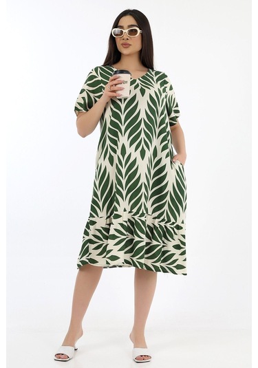 Kadın Viskon Yarım Kol V Yaka Fırfırlı Elbise Haki Haki