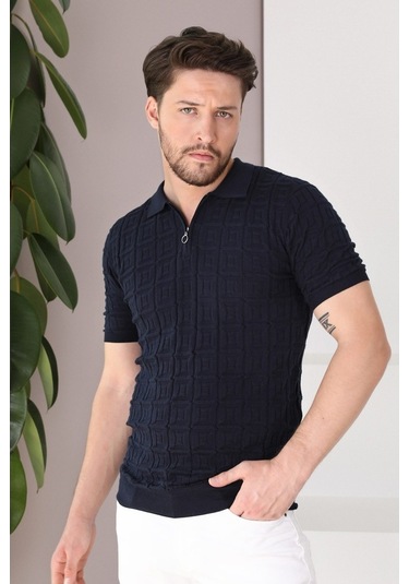 Ferraro Lacivert Polo Yaka Fermuarlı Erkek Pamuk Triko T-Shirt-Lacivert (417942239) Lacivert