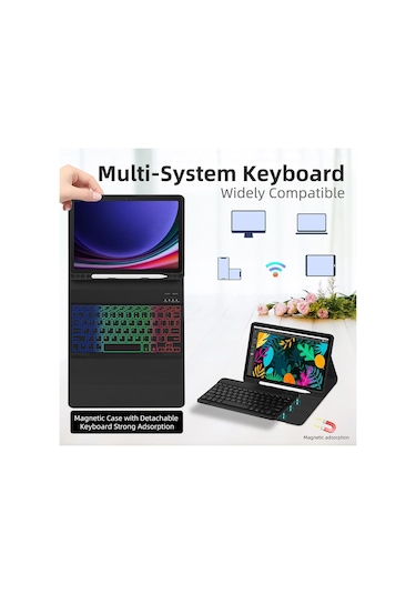 Jeemson Samsung Galaxy Uyumlu Tab S7/s8/s9/s9 Fe 11" İçin Bluetooth Klavye Kılıf - 7 Renkli Arka Işık, Kalem Dolabı Ve Çok Açı Desteği - Siyah