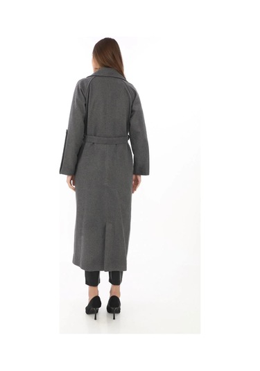 Kadın Uzun Kaşe Kaban Yünlü Dokuma Kaşmir Kumaş, Kruvaze Yaka, Kuşaklı Astarlı Tesettür Uyumlu Şık Füme