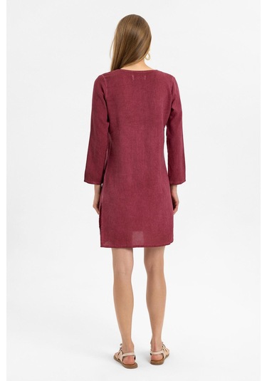 Bordo İşlemeli Uzun Kollu Astarsız Pamuklu Kısa Elbise-bordo