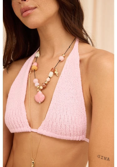 Mai Collection Pangestu Üçgen Pembe Crop Etek Triko Takım