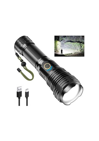 Artfulabode Yüksek Yakınlaştırmalı Xhp70.2 Siyah Şarjlı 90000 Lümen, Güçlü Led Fener, Taşınabilir El Feneri Siyah