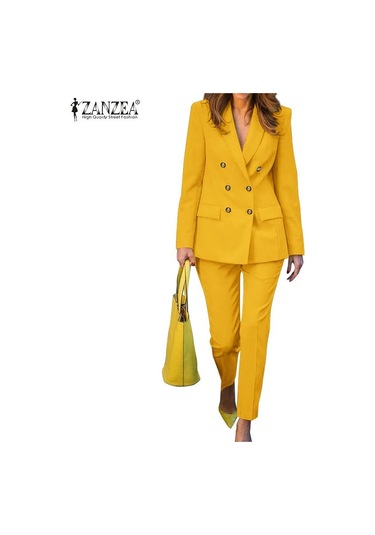 Zanzea Kadın Blazer Ve Pantolon Rahat İki Parça Takım Elbise Seti Koyu Mavi