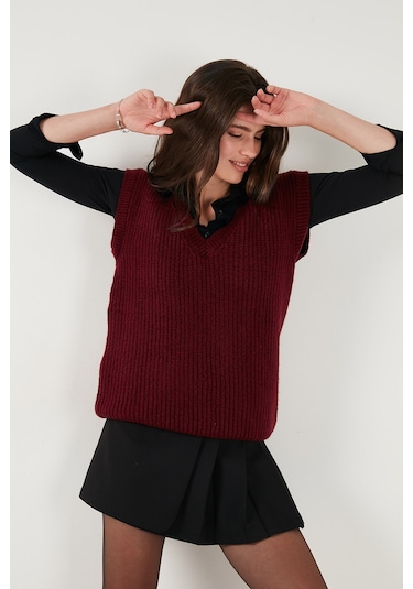 Lela V Yaka Örme Triko Bayan Süveter 4616105Y Bordo