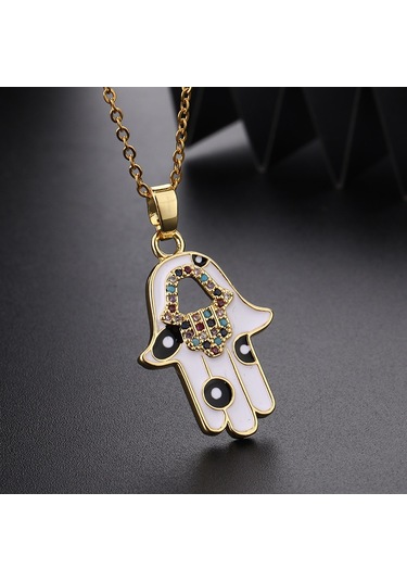 Takı: Titanyum Çelik Köprücük Kimi Zinciri, Renkli Zirkon Taşlı Göz Pandantif, Şeytan Gözü Kolye Altın - Krem