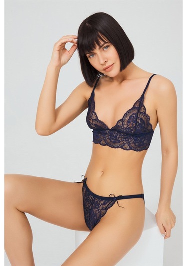 Lacivert Dantelli Transparan Balensiz Kadın Sütyen Takımı Lacivert