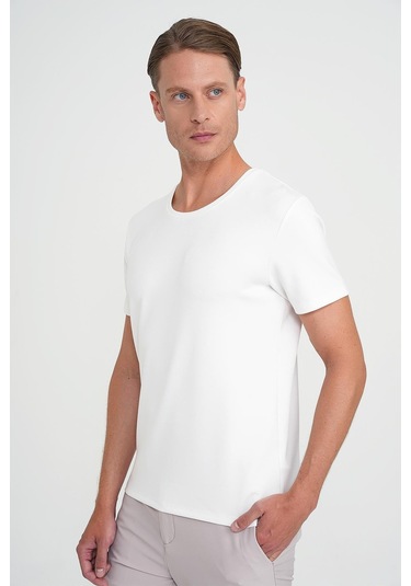 Comfort Fit Bisiklet Yaka Esnek Pamuk Düz Ekru Tişört Ts 915 Ekru