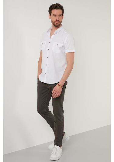 Buratti Düğmeli Yaka Pamuklu Slim Fit Cepli Erkek Gömlek Cf21S111153 Beyaz