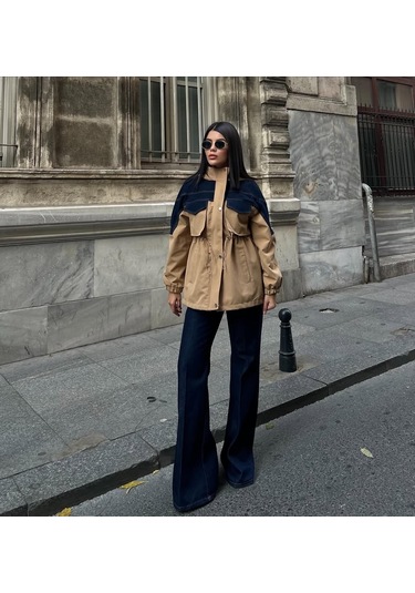 Cemo Denim Detaylı Rüzgarlık Ceket Fermuarlı CAMEL