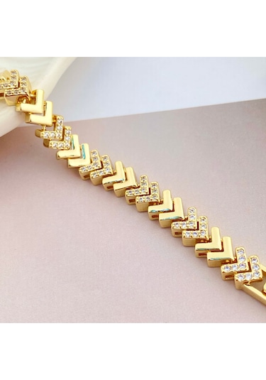 Kadın Bileklik V Model Bileklik Taşlı Vip Seri 14ayar Gold 19 Cm Gold