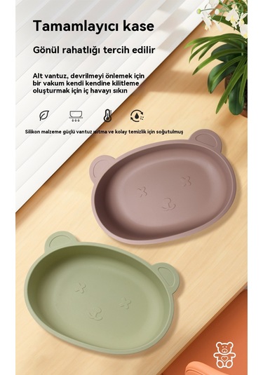 Jianfan Ayıcık Desenli Vakumlu Silikon Mama Kabı Bebek Beslenme Kasesi Yeşil Yeşil