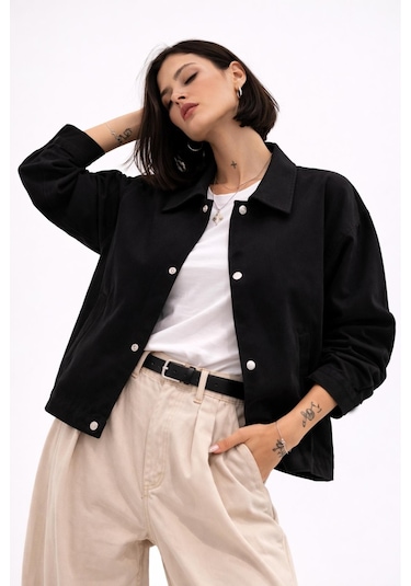 Kadın Oversize Basic Gabardin Mevsimlik Polo Yaka Ceket-385 Siyah