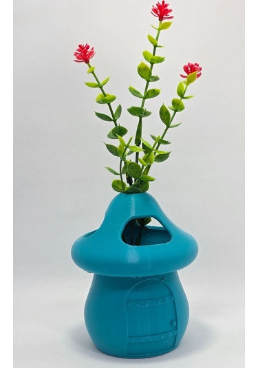 Kalemlik Turkuaz Sima Mantar Çiçekli Üç Gözlü Kalemlik Düzenleyici Turkuaz