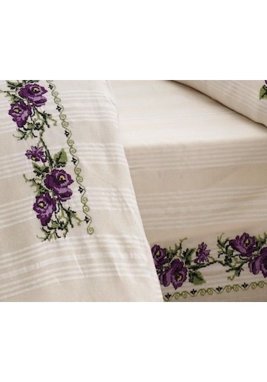 Buldan İşi Kanaviçe Nakışlı Çift Kişilik Nevresim Takımı-Lila Krem
