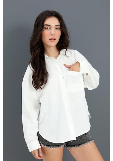 Gömlek Cepli Arkası Zincir Detaylı - Beyaz-beyaz Beyaz